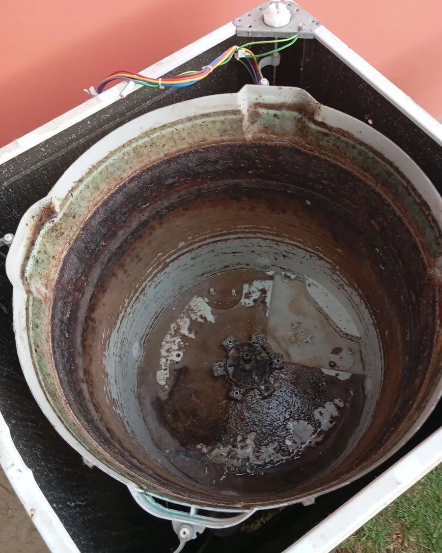 Cesto de máquina de lavar antes da limpeza, com sujeira e limo